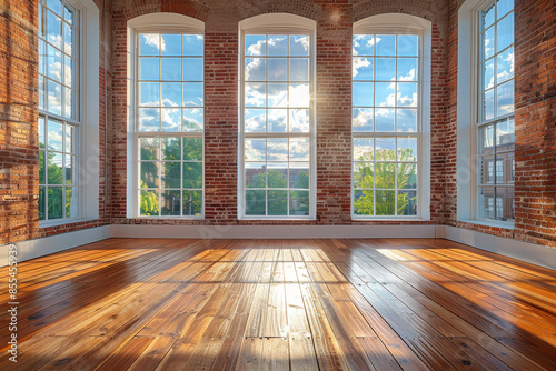 Large room with big windows and wooden flooring