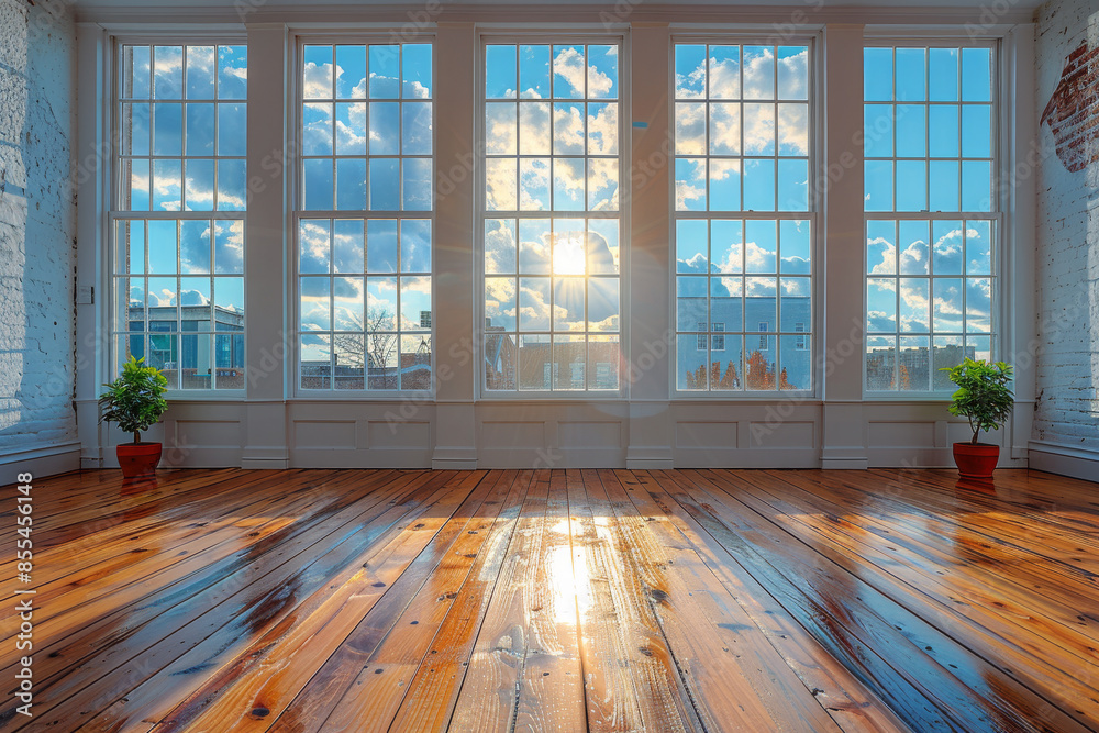 Large room with big windows and wooden flooring Large room with big windows and wooden flooring