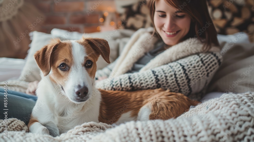 pregnant woman relaxing with her dog on a cozy bed image pregnant woman relaxing with her dog on a cozy bed image