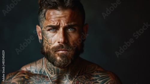 tattooed man posing against dark backdrop 