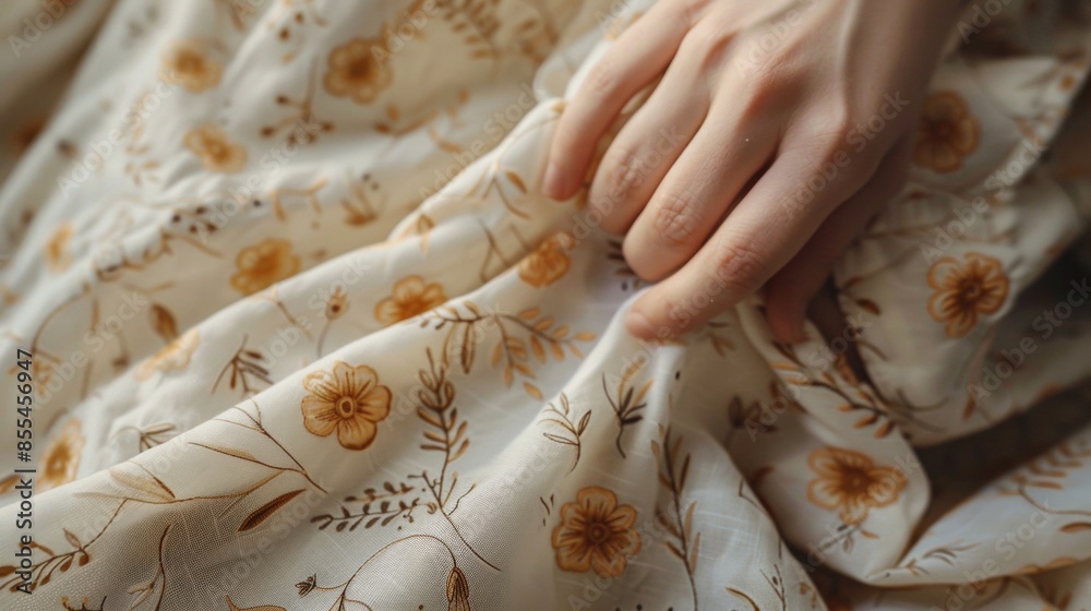 Close-up of a delicate floral pattern on a flowing sundress, fingers gently tracing the textured fabric Close-up of a delicate floral pattern on a flowing sundress, fingers gently tracing the textured fabric