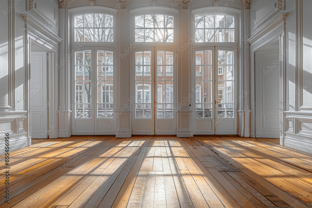 Large room with big windows and wooden flooring Large room with big windows and wooden flooring