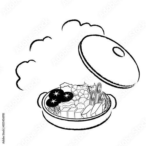 あったかほかほかお鍋のイラスト　モノクロ蓋つき