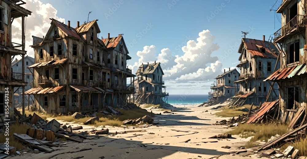 abandoned buildings on beach ocean coast in summer. old town wood house cabin by sea and water waves. abandoned buildings on beach ocean coast in summer. old town wood house cabin by sea and water waves.