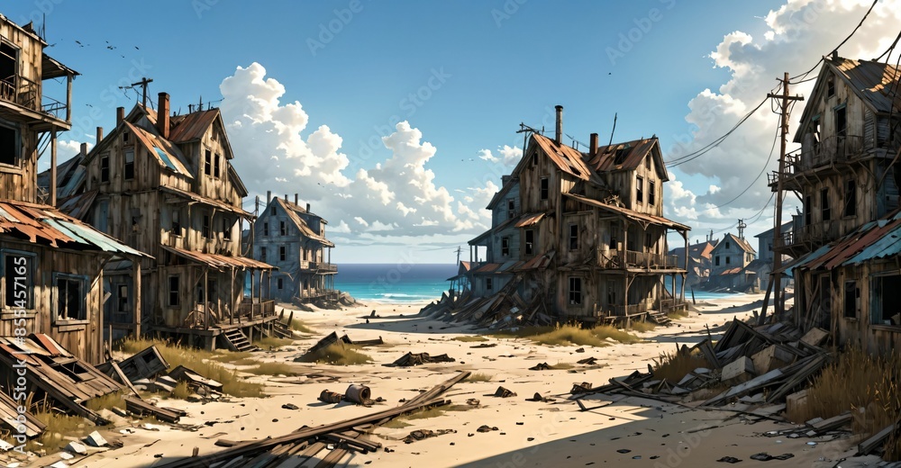abandoned buildings on beach ocean coast in summer. old town wood house cabin by sea and water waves. abandoned buildings on beach ocean coast in summer. old town wood house cabin by sea and water waves.