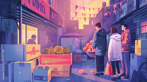 activities at the grocery market ilustration cartoon