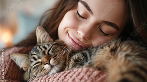 Joyful Girl Embracing Her Tabby Cat in Affectionate Cuddle