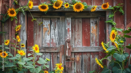Close-up of a weathered barn door framed by vibrant sunflowers, capturing the rustic charm of a summer landscape