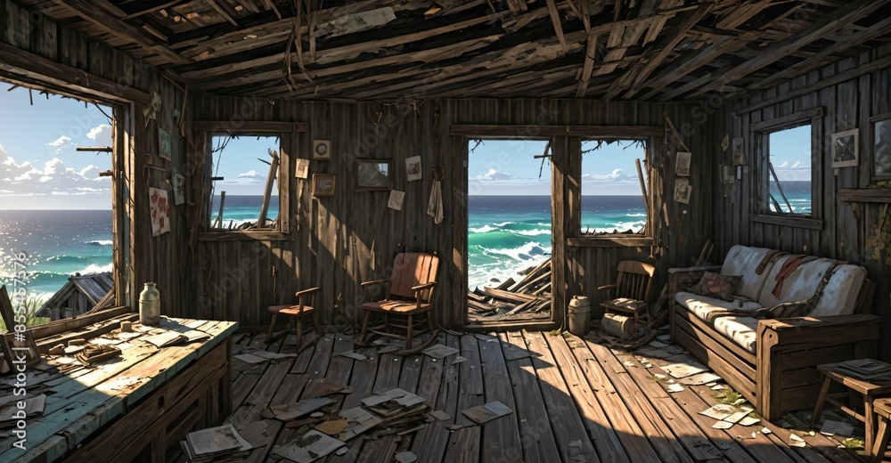 Fototapeta premium abandoned shack hut interior on beach ocean coast in summer. old wood house cabin by sea and water waves.