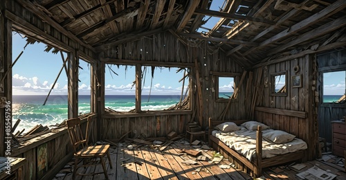 abandoned shack hut interior on beach ocean coast in summer. old wood house cabin by sea and water waves. © Shane Sparrow