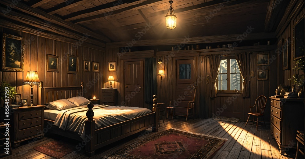 interior of modern cabin bed room in secluded forest woods. interior design and decor of mansion house lodge with glass window walls and wood floor roof. interior of modern cabin bed room in secluded forest woods. interior design and decor of mansion house lodge with glass window walls and wood floor roof.