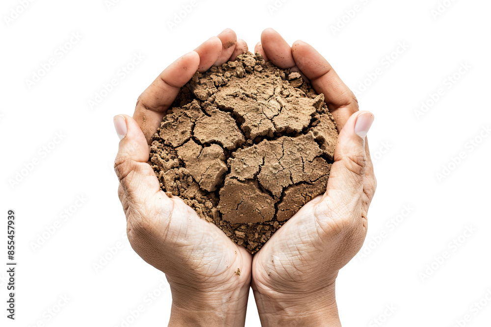 transparent hands holding dry soil or earth for an environmental campaign