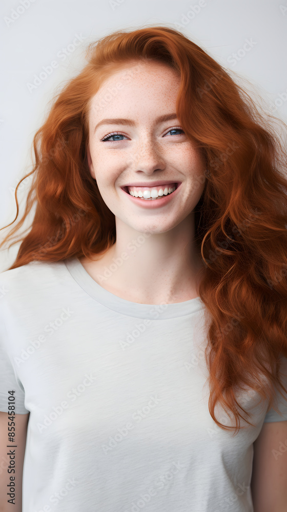 Naklejka premium closeup portrait of amazing young red hair woman attractive appearance isolated over colorful background