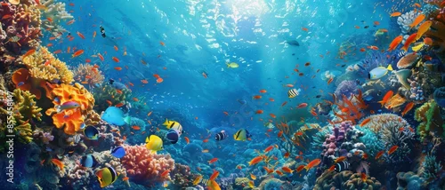 Panel kuchenny z motywem Panoramic view of the coral reef. Animals of the underwater sea world, under water background