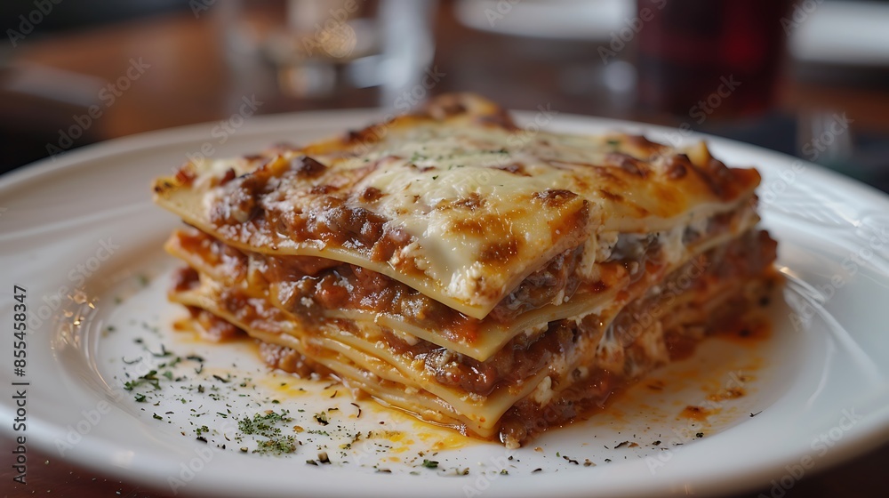 A delicious slice of Lasagne with layers of pasta, meat, and cheese A delicious slice of Lasagne with layers of pasta, meat, and cheese