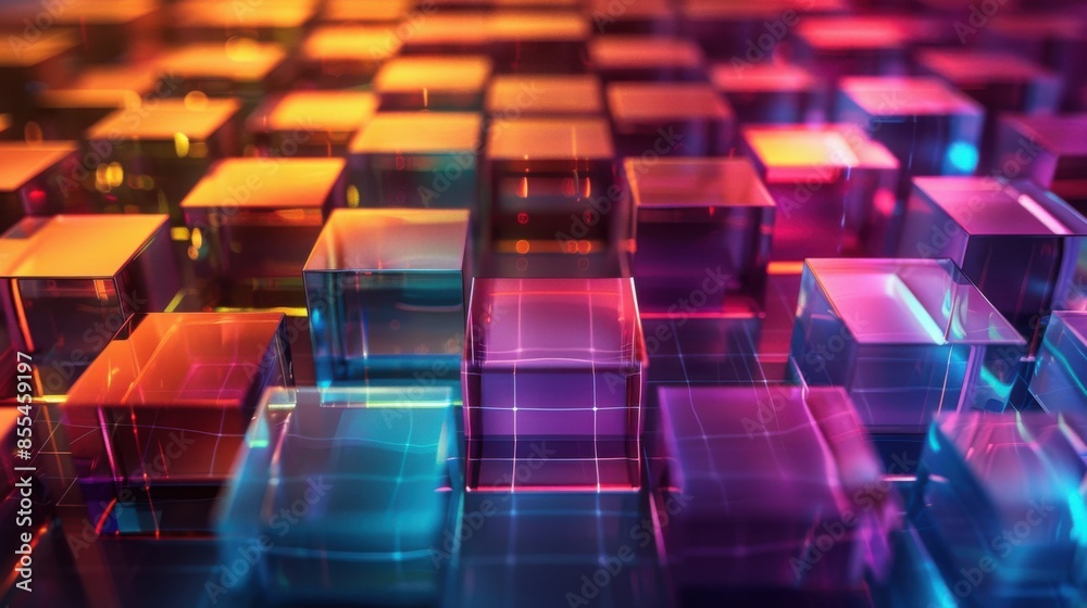 Obraz premium A colorful image of many cubes in various shades of blue, purple, and green