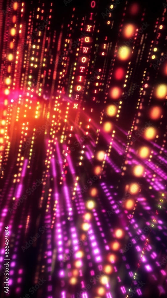 Abstract digital matrix of bright lights and binary code in pink and orange hues Abstract digital matrix of bright lights and binary code in pink and orange hues