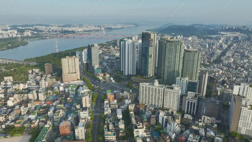 Drone View of Seoul city in South Korea, Hapjeong Station, Hot place, Summer, 60fps