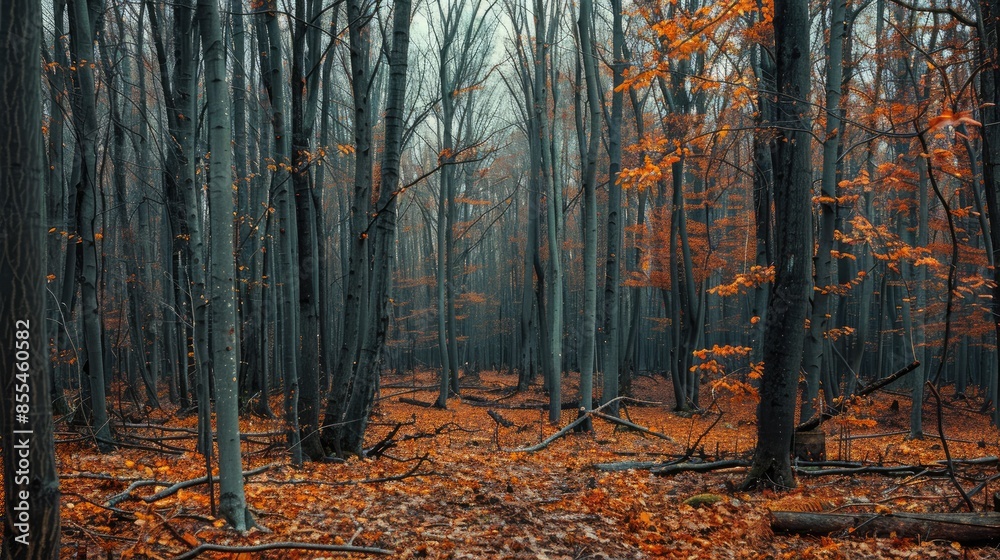 Autumn forest area covered with wild vinca branches Autumn forest area covered with wild vinca branches