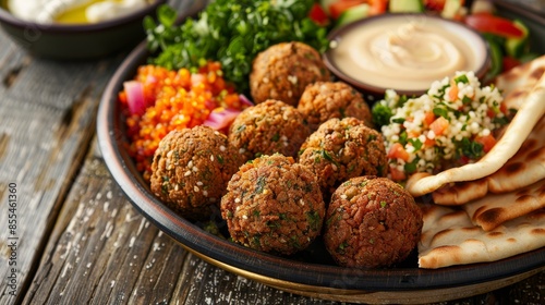 A plate of crispy falafel balls served with hummus, tabbouleh