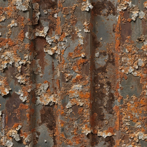 Grungy metal surface showing signs of peeling brown paint up close