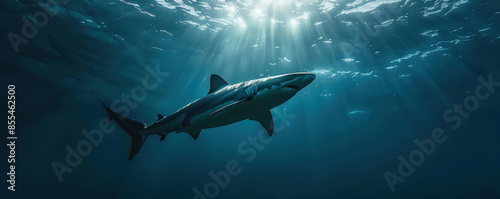 Killer Shark swimming underwater under sea life with sunbeams 