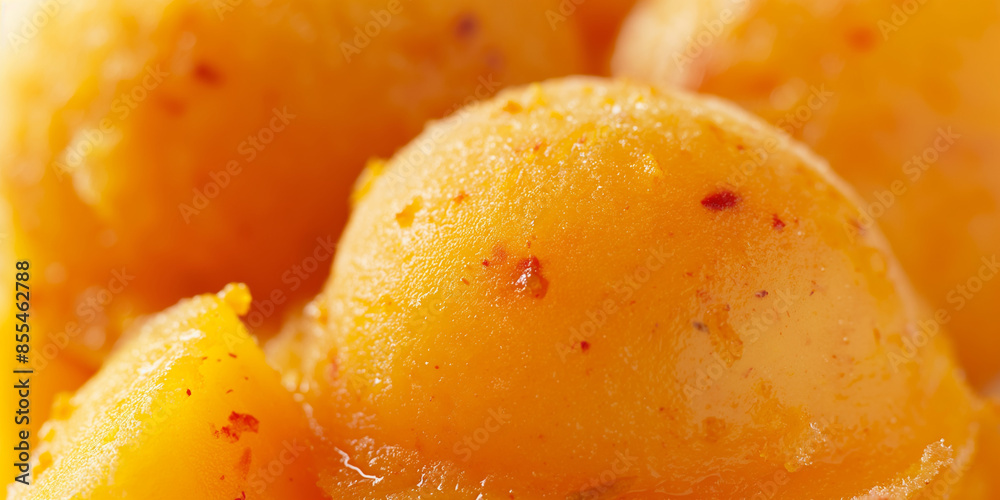 Exotic mango chili sorbet, a closeup of exotic mango chili sorbet, its bright orange color and icy texture with specks of chili, set against a white backdrop Exotic mango chili sorbet, a closeup of exotic mango chili sorbet, its bright orange color and icy texture with specks of chili, set against a white backdrop