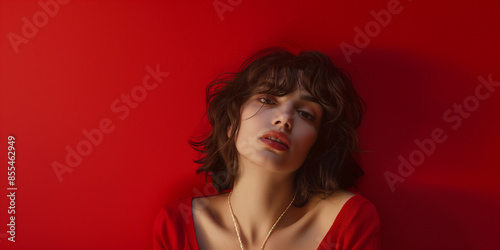 Reflective woman portrait on vivid red background, a natural portrait of a woman expressing reflective © OrangePeel