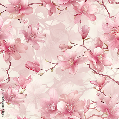 Cherry blossoms and magnolias repeating pattern, delicate colors, soft pink background.