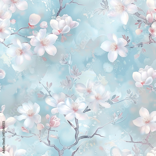 Elegant cherry blossoms and lotus flowers design, flowing pattern, pastel blue, intricate details.