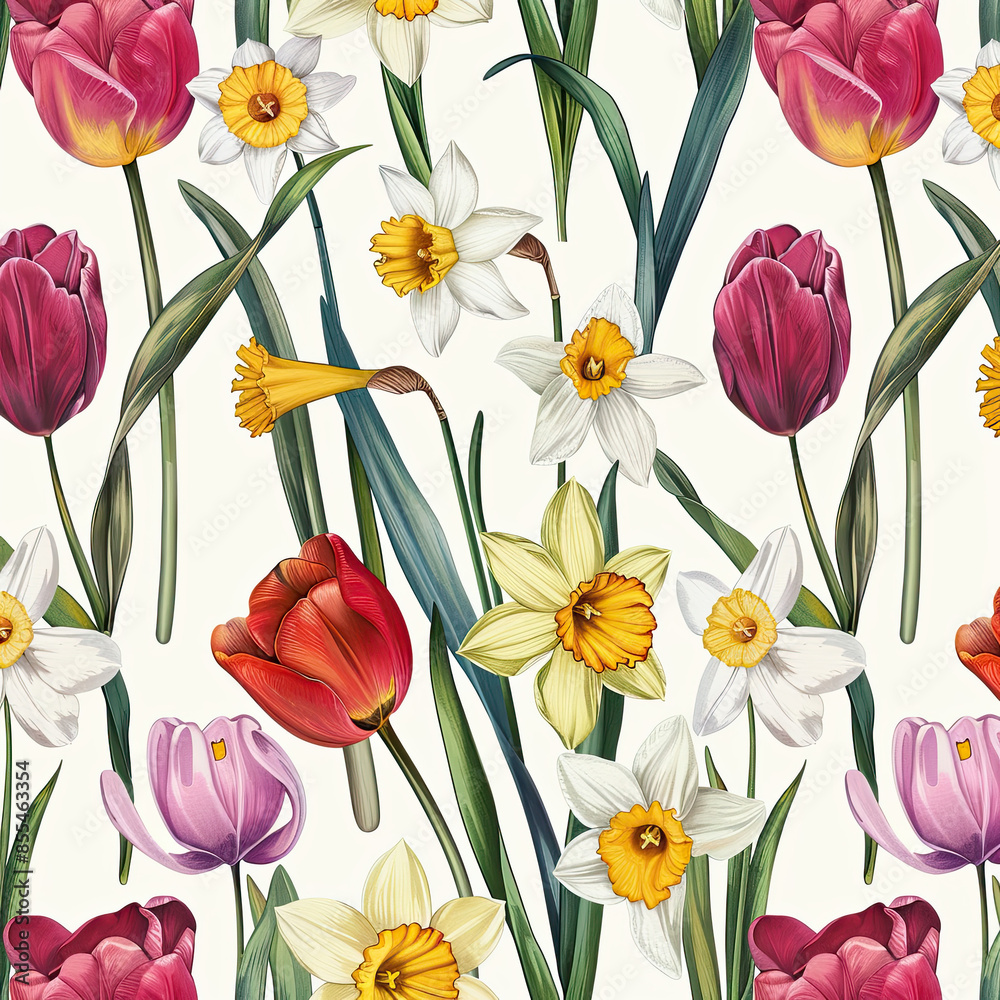 Obraz premium Bright tulips and daffodils, organic repeating pattern, detailed flowers, soft white background.