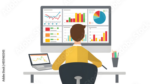 A person sits at a desk analyzing data on a large screen filled with charts and graphs, showcasing productivity and focus in a modern workspace.
