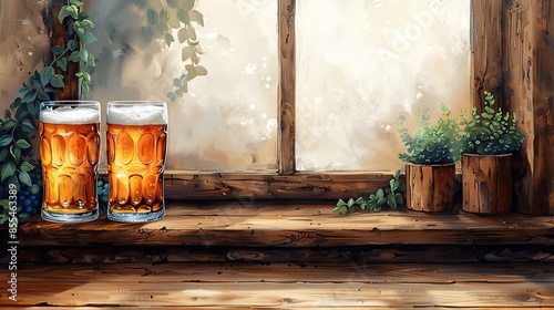 fizzy beer drink in cartoon form window background
