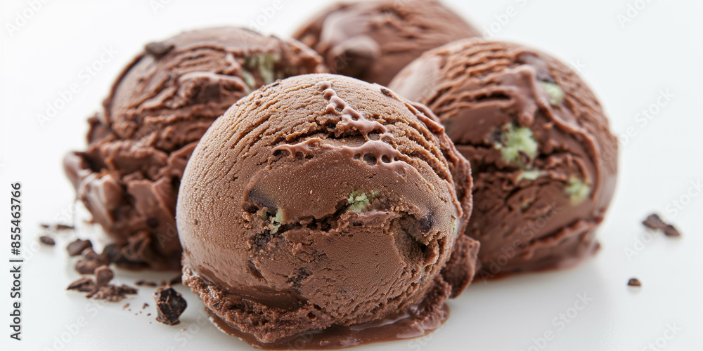 Decadent chocolate and mint gelato, an image of decadent chocolate and mint gelato, its deep brown color with green flecks of mint against a white backdrop Decadent chocolate and mint gelato, an image of decadent chocolate and mint gelato, its deep brown color with green flecks of mint against a white backdrop