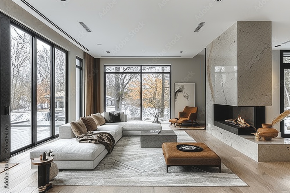 custom made wallpaper toronto digitalModern living room with floor-to-ceiling windows, cozy white sectional sofa, and stylish fireplace. Perfect blend of comfort and contemporary design.