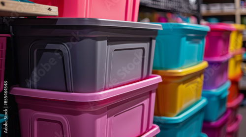 A variety of brightly colored plastic storage bins arranged in a row, perfect for organizing and storing items. photo