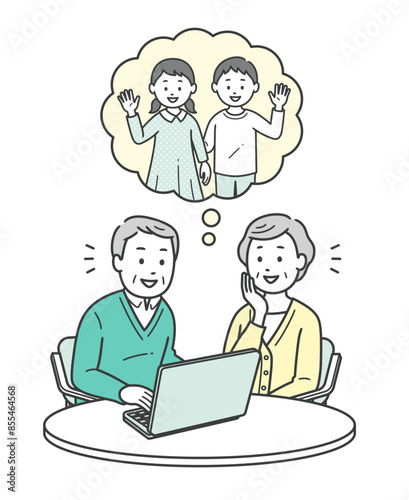 ノートパソコンで孫とリモート通話をする高齢女性と高齢男性の上半身イラスト
