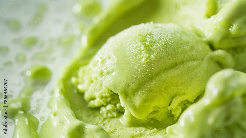 Sophisticated lime sorbet, a closeup image of sophisticated lime sorbet, its bright green color and icy texture popping against a white background