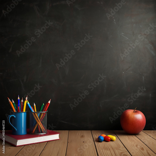 Back to school wooden blackboard with pastels and book and apple. Generative AI