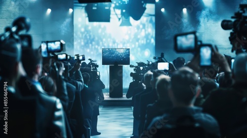Press conference with a crowd of reporters and photographers capturing the event on cameras