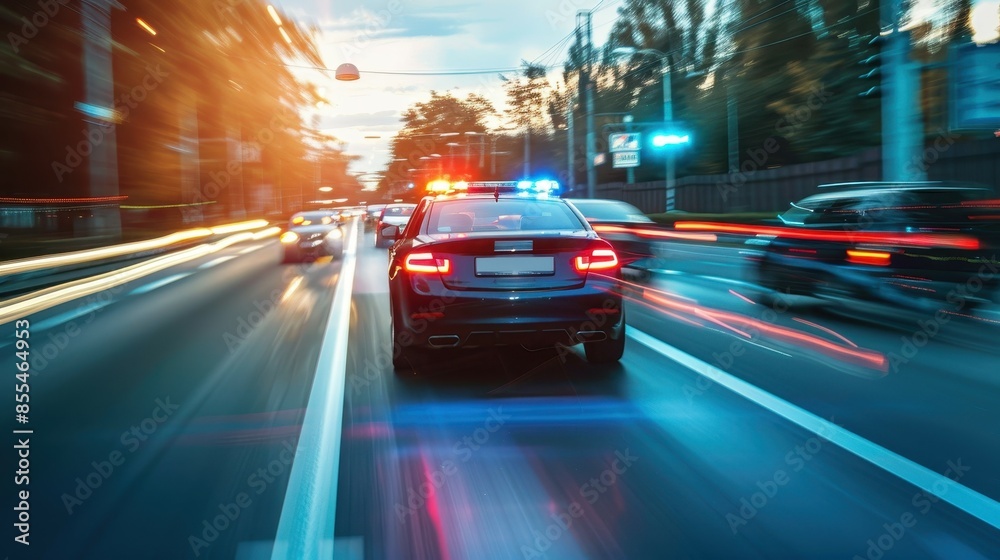 Police car in a highspeed chase selective focus Highspeed chase dynamic Multilayer Long road Police car in a highspeed chase selective focus Highspeed chase dynamic Multilayer Long road