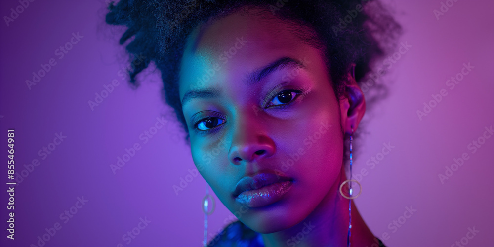 Fototapeta premium Reflective woman portrait on rich purple background, a natural portrait of a woman expressing reflective