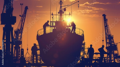 Workers repairing a ship in a shipyard close up  Industrial maintenance  realistic  Silhouette  Shipyard