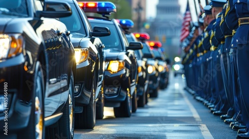 Police car in an honor guard ceremony close up  Honor guard  vibrant  Composite  In front of a landmark