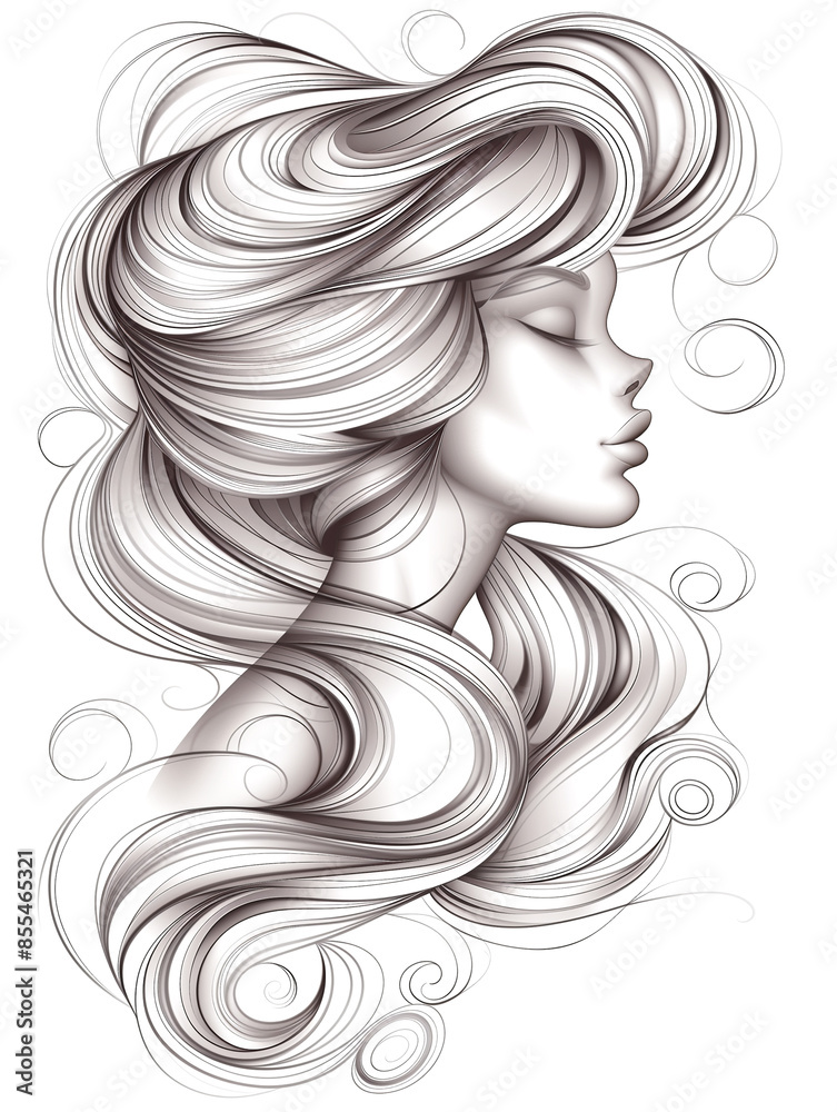 A woman with long hair is shown in a black and white drawing. The hair is styled in a way that it is flowing and has a lot of volume. The woman's face is drawn in a simple, elegant style A woman with long hair is shown in a black and white drawing. The hair is styled in a way that it is flowing and has a lot of volume. The woman's face is drawn in a simple, elegant style