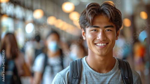 a smiling asian schoolboy wearing a backpack standing in school hallway and surrounded by other students .