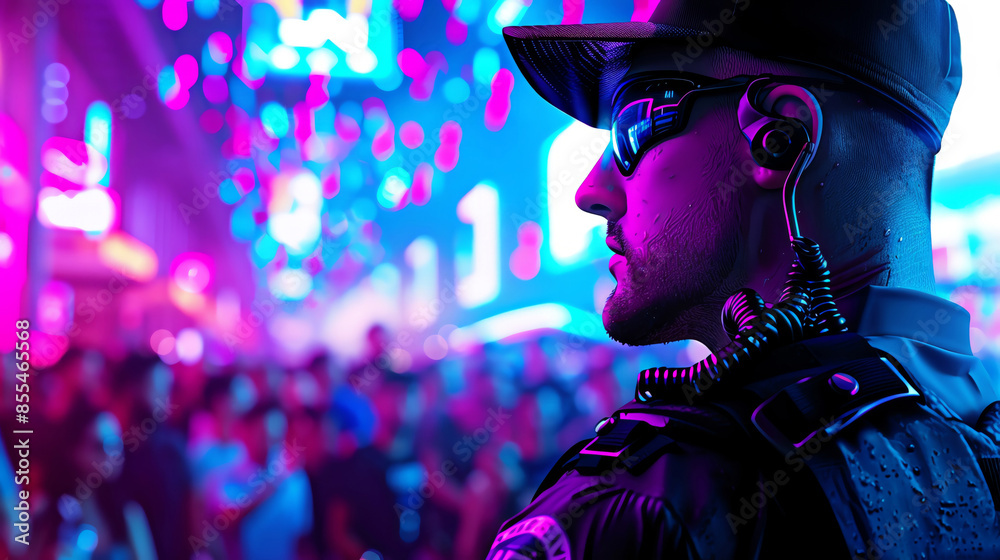 A security guard watching over the crowd at an electronic music festival, with colorful lights and neon decorations in the background, a detailed illustration of a uniformed office A security guard watching over the crowd at an electronic music festival, with colorful lights and neon decorations in the background, a detailed illustration of a uniformed office