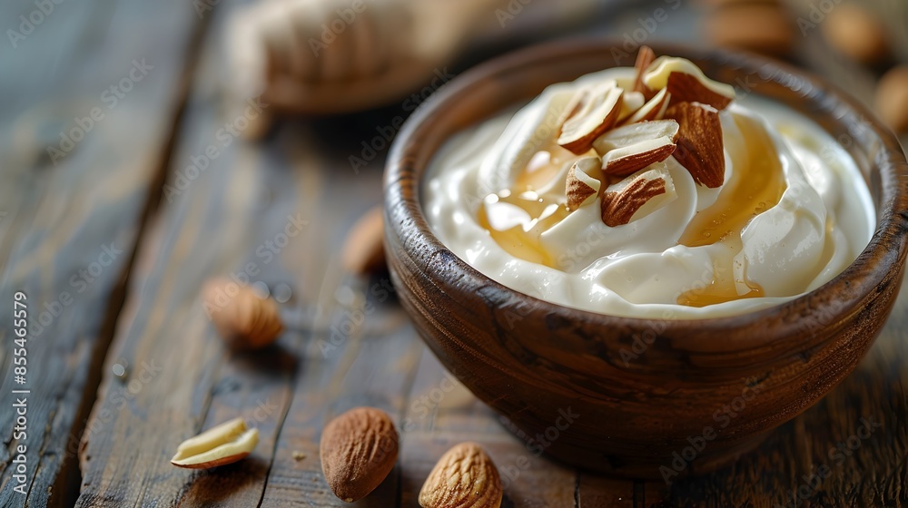 Blurry Closeup of Creamy Yogurt Drizzled with Golden Honey and Garnished with Crunchy Almonds on Rustic Wooden Surface Blurry Closeup of Creamy Yogurt Drizzled with Golden Honey and Garnished with Crunchy Almonds on Rustic Wooden Surface