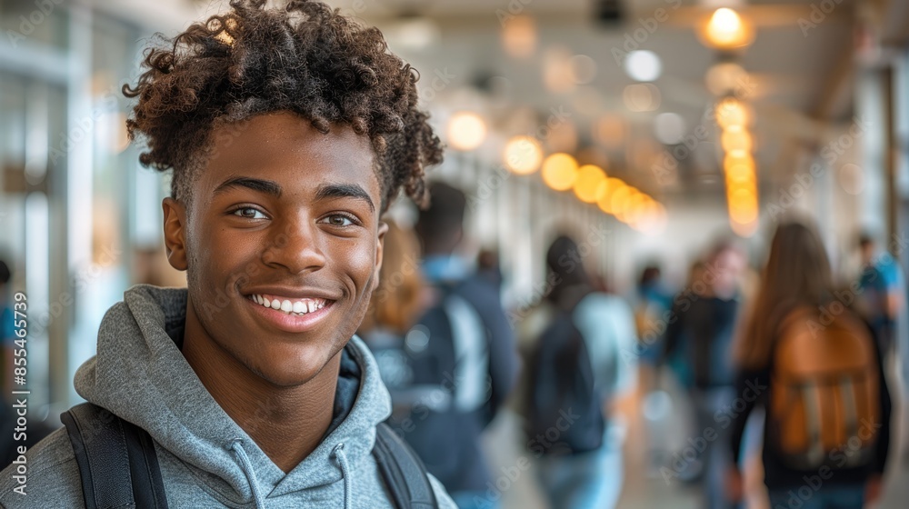 Fototapeta premium a smiling african american schoolboy wearing a backpack standing in school hallway and surrounded by other students .