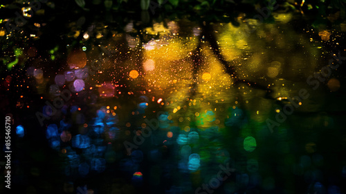 Photograph of the luminous rainbow park on black background, very small and blurry in center of frame, textured and grainy